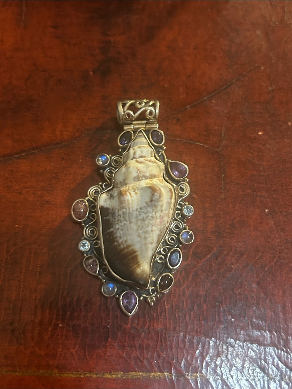 Unique Sterling Silver Sea Shell And Gemstones Pendant Moonstone Amethyst